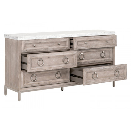 Essentials Traditions Azure Carrera 6-Drawer Double Dresser - Natural Gray Acacia, White Carrera Marble, Brushed Stainless Steel