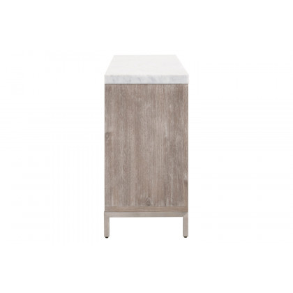 Essentials Traditions Azure Carrera 6-Drawer Double Dresser - Natural Gray Acacia, White Carrera Marble, Brushed Stainless Steel