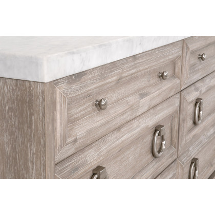 Essentials Traditions Azure Carrera 6-Drawer Double Dresser - Natural Gray Acacia, White Carrera Marble, Brushed Stainless Steel
