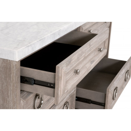 Essentials Traditions Azure Carrera 6-Drawer Double Dresser - Natural Gray Acacia, White Carrera Marble, Brushed Stainless Steel