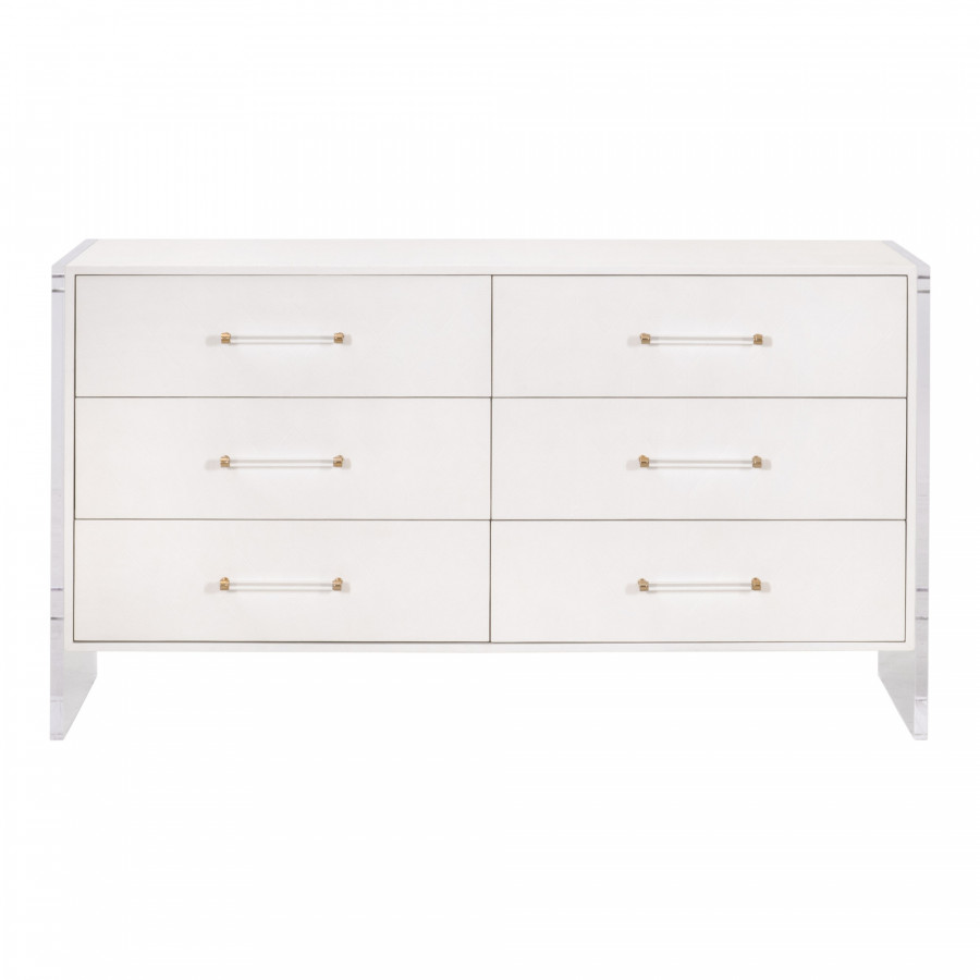 Essentials - Sonia 6-Drawer Double Dresser in Pearl Shagreen, Lucite, Brushed Brass