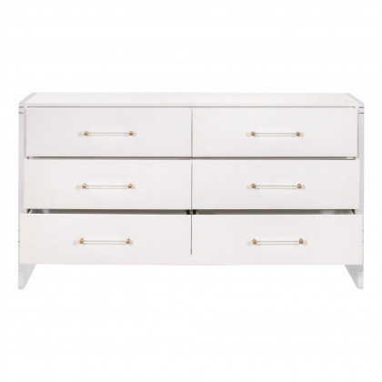 Essentials - Sonia 6-Drawer Double Dresser in Pearl Shagreen, Lucite, Brushed Brass