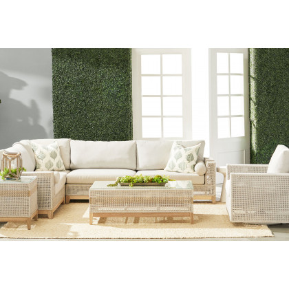 Essentials Woven Tropez Outdoor Modular Left Facing 1-Arm Sofa - Gray Teak/Taupe & White Flat, Performance Pumice