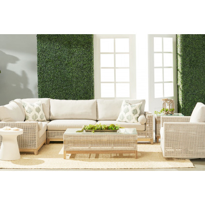 Essentials Woven Tropez Outdoor Modular Left Facing 1-Arm Sofa - Gray Teak/Taupe & White Flat, Performance Pumice