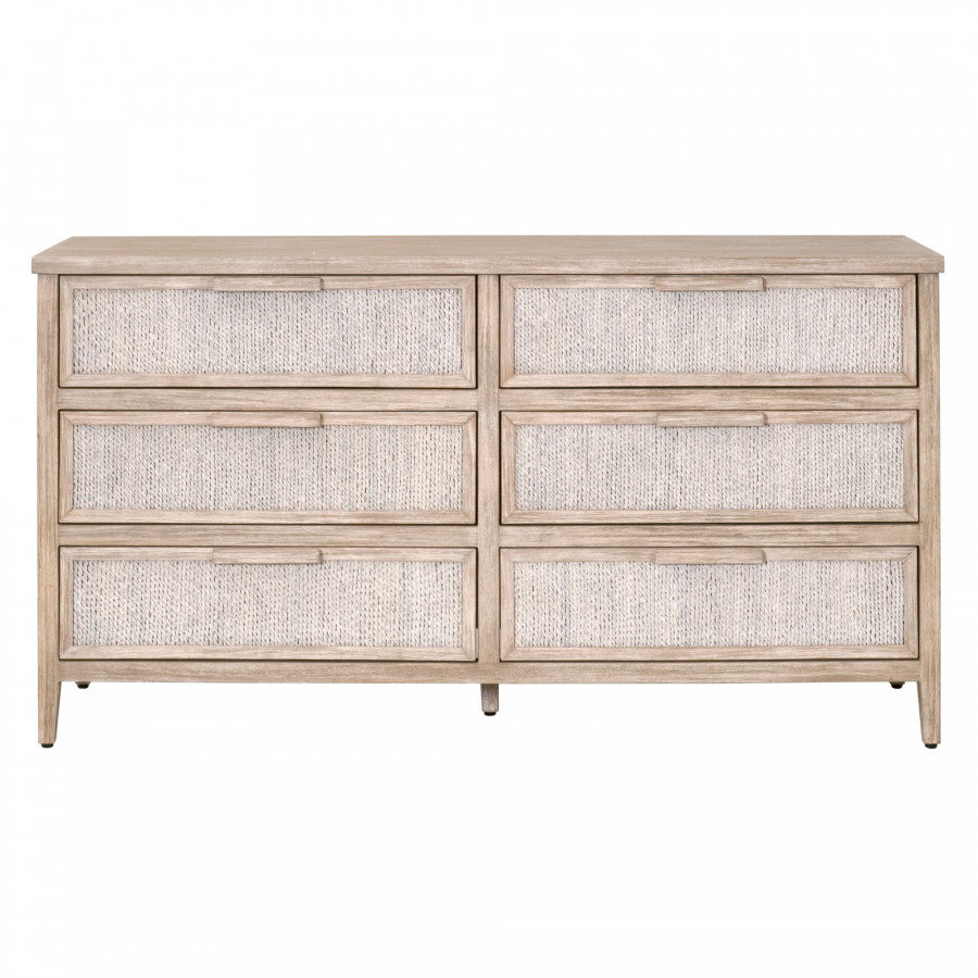 Essentials - Malay 6-Drawer Double Dresser in White Wash Abaca Rope, Natural Gray Mahogany