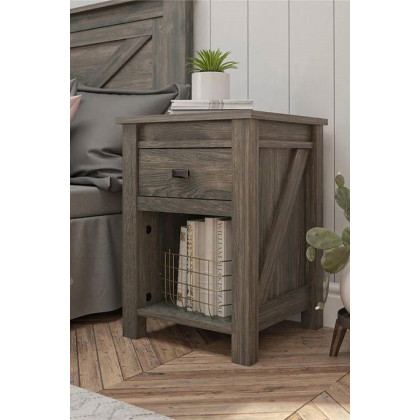 FaFurn Farmhouse 1-Drawer Bedroom Nightstand with Open Shelf - Gray Oak