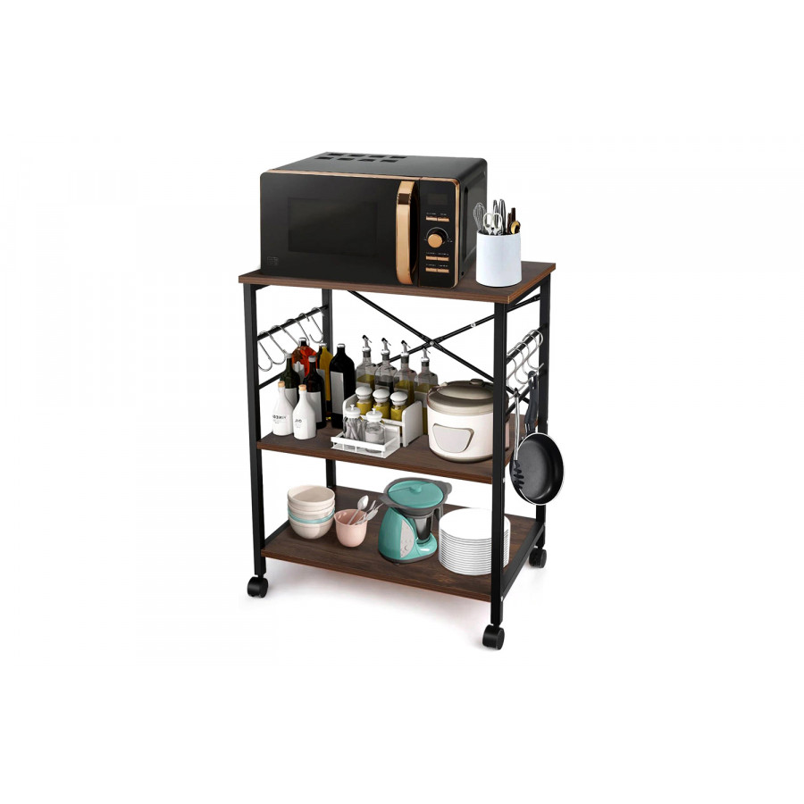 FaFurn - Modern Industrial Black Metal Brown Wood Kitchen Baker'S Rack Microwave Cart