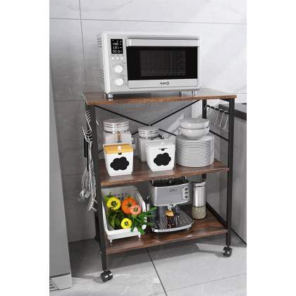 FaFurn - Modern Industrial Black Metal Brown Wood Kitchen Baker'S Rack Microwave Cart