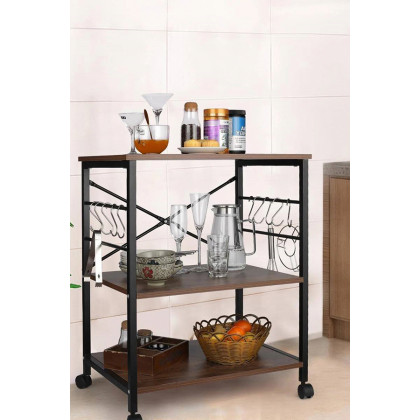 FaFurn - Modern Industrial Black Metal Brown Wood Kitchen Baker'S Rack Microwave Cart