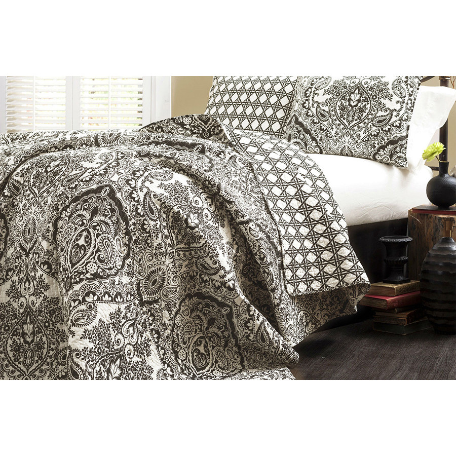 FaFurn - 3-Piece Quilt Set 100% Cotton in Black/White Damask