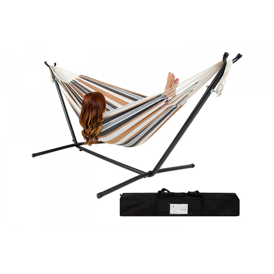 FaFurn Portable Stripe Cotton Hammock with Metal Stand and Carry Case - Beige/Gray