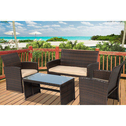 FaFurn - Brown Resin Wicker 4-Piece Modern Patio Furniture Set with Beige Cushions