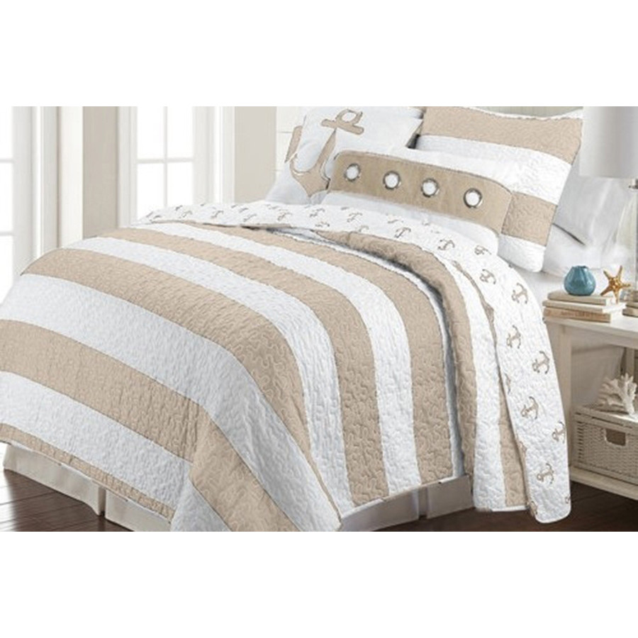 FaFurn - 3 Piece Nautical Stripped/Anchors Reversible Microfiber Quilt Set