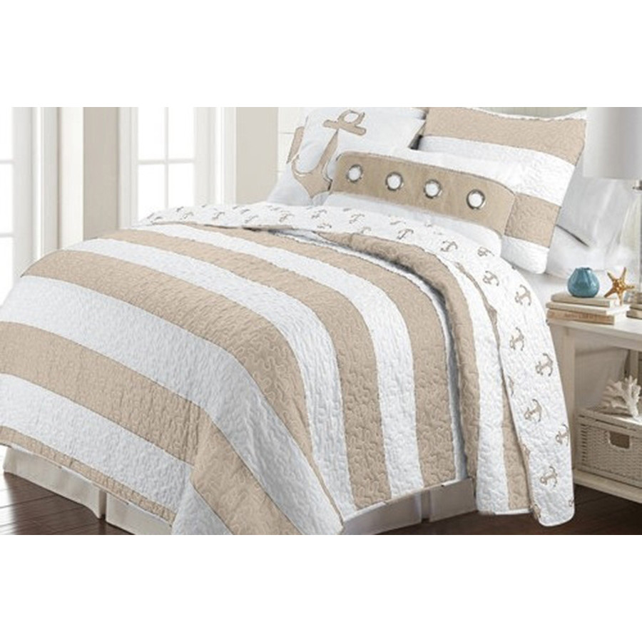 FaFurn 2 Piece Nautical Stripped/Anchors Reversible Microfiber Quilt Set - Beige, Twin Size