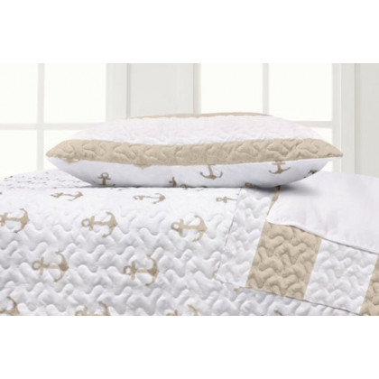 FaFurn 2 Piece Nautical Stripped/Anchors Reversible Microfiber Quilt Set - Beige, Twin Size