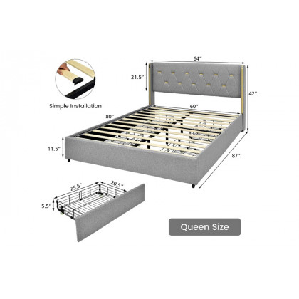 FaFurn Linen Headboard 4 Drawer Storage Platform Bed - Gray/Gold, Queen Size