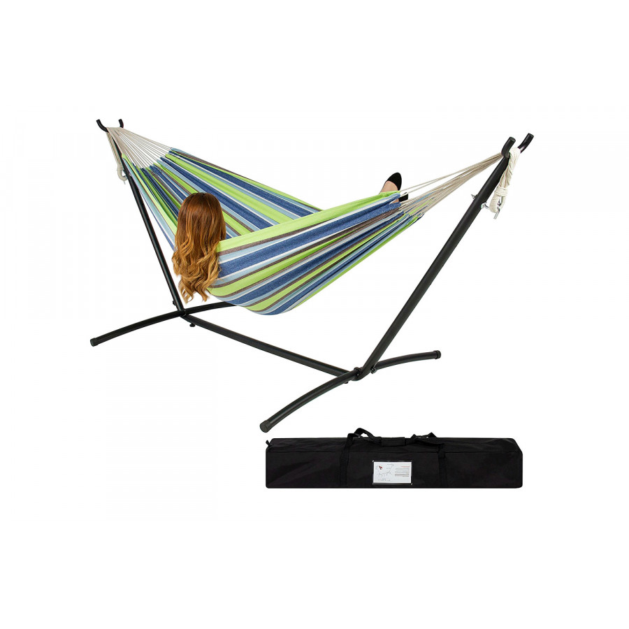 FaFurn Portable Stripe Cotton Hammock with Metal Stand and Carry Case - Blue/Green/Black