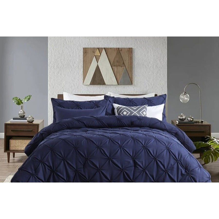 FaFurn All Season Pleated Hypoallergenic Microfiber Reversible 3 Piece Comforter Set - Navy, King Size