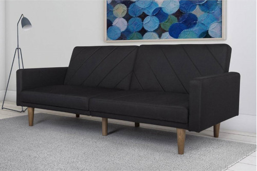 FaFurn™ - Black Mid-Century Modern Linen Upholstered Sofa Bed with Classic Wood Legs