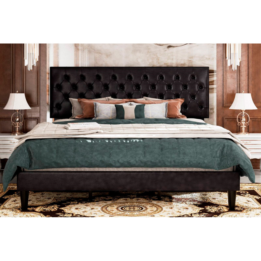 FaFurn Queen Size Platform Bed with Button-Tufted Headboard - Black, Faux Leather