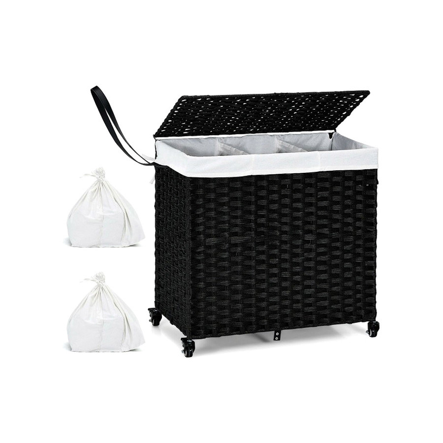 FaFurn - Black 3 Bin Linen Lined On Wheels Pr Rattan Laundry Hamper