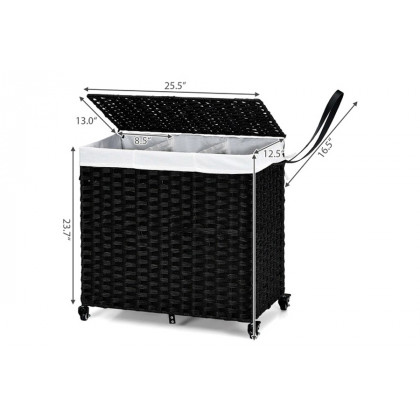 FaFurn - Black 3 Bin Linen Lined On Wheels Pr Rattan Laundry Hamper