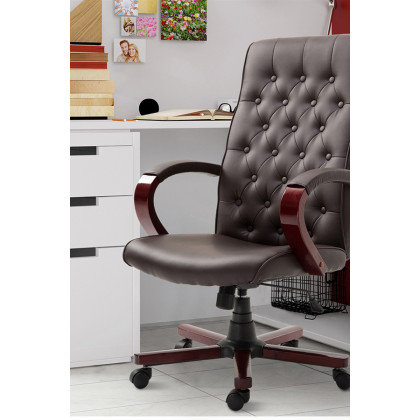 FaFurn - Brown Wooden Faux Leather Adjustable High Back Executive Home Office Chair