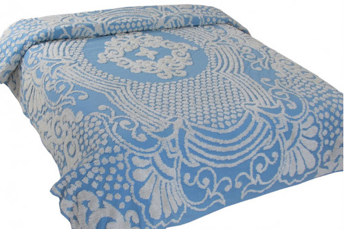 FaFurn™ - Queen Size 100% Cotton Tufted Chenille Bedspread with Blue Damask Medallion