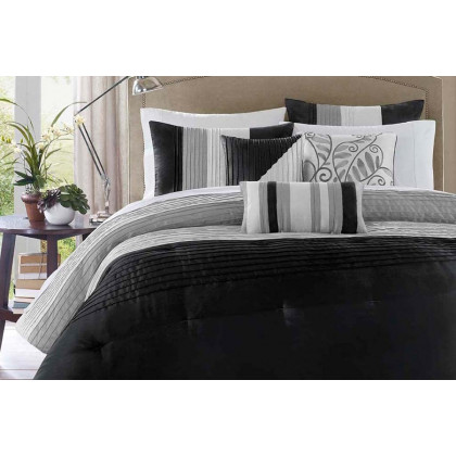 FaFurn 7 Piece Bed in a Bag Comforter Set Faux Silk - Black/Gray, King Size