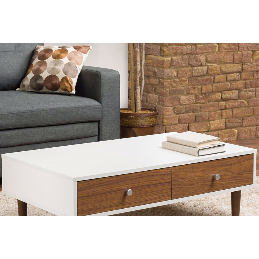 FaFurn - Modern Mid-Century Style White Wood Coffee Table with 2 Drawers