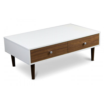 FaFurn - Modern Mid-Century Style White Wood Coffee Table with 2 Drawers