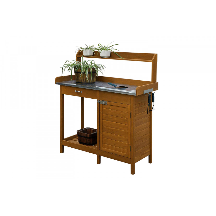 FaFurn Natural Fir Wood Potting Bench with Galvanized Steel Table Top - Red Cedar