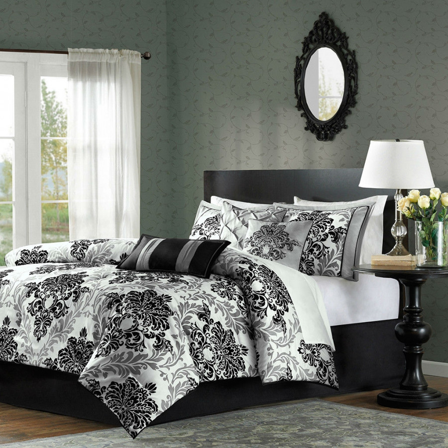 FaFurn - 7-Piece California Size Comforter Set with Damask Pattern in Black/Gray