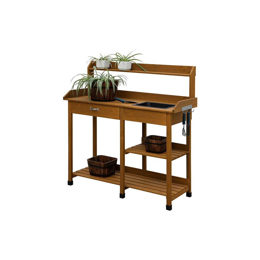FaFurn - Modern Garden Potting Bench Table with Sink Storage Shelves & Drawer