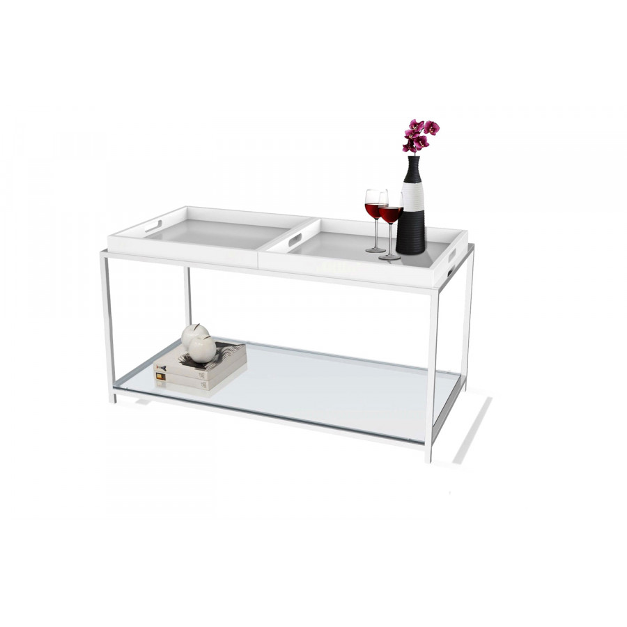 FaFurn - Modern Chrome Metal Coffee Table with 2 White Removable Trays