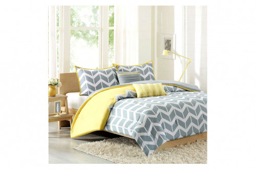 FaFurn™ - Full/Queen 5-Piece Chevron Stripes Comforter Set in Gray White Yellow