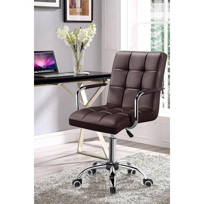 FaFurn Modern Faux Leather Mid-Back Office Chair with Armrests and Wheels - Dark Brown/Chrome