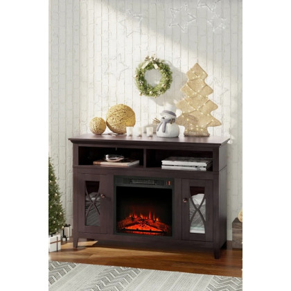 FaFurn Electric Fireplace Mantel TV Stand with Adjustable Shelves 2 Storage Cabinets - Espresso