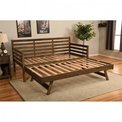 FaFurn Daybed Frame with Twin Pop-Up Trundle Bed - Walnut