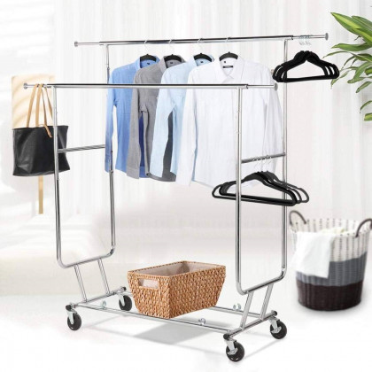 FaFurn - Garment Rack Clothes on Lockable Wheels in Silver, Metal