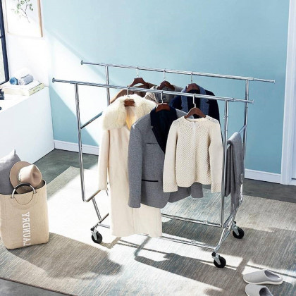 FaFurn - Garment Rack Clothes on Lockable Wheels in Silver, Metal