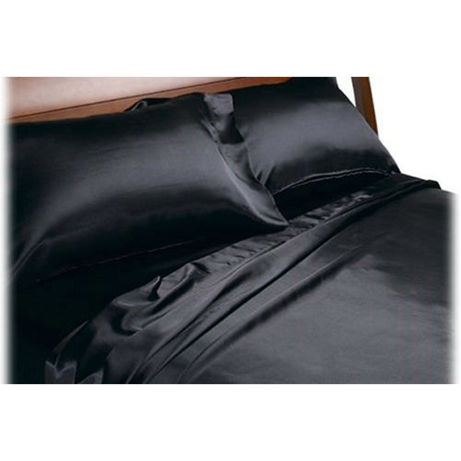 FaFurn Soft Polyester Satin Sheet Set in Solid Black - California King Size