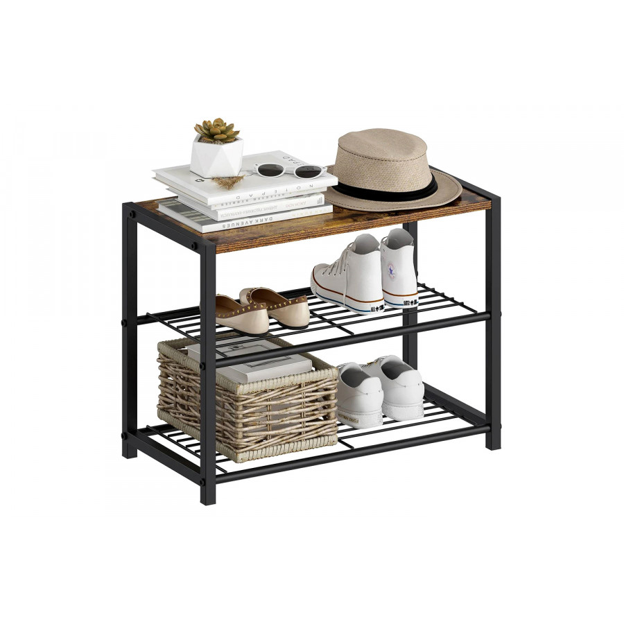 FaFurn - 2-Shelf Entryway Shoe Rack Bench with Black Metal Frame and Brown Wood Top