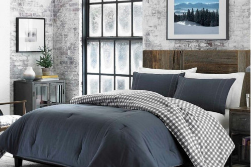 FaFurn™ - Full/Queen Size 100% Cotton Reverse Plaid Gray/White Comforter Set