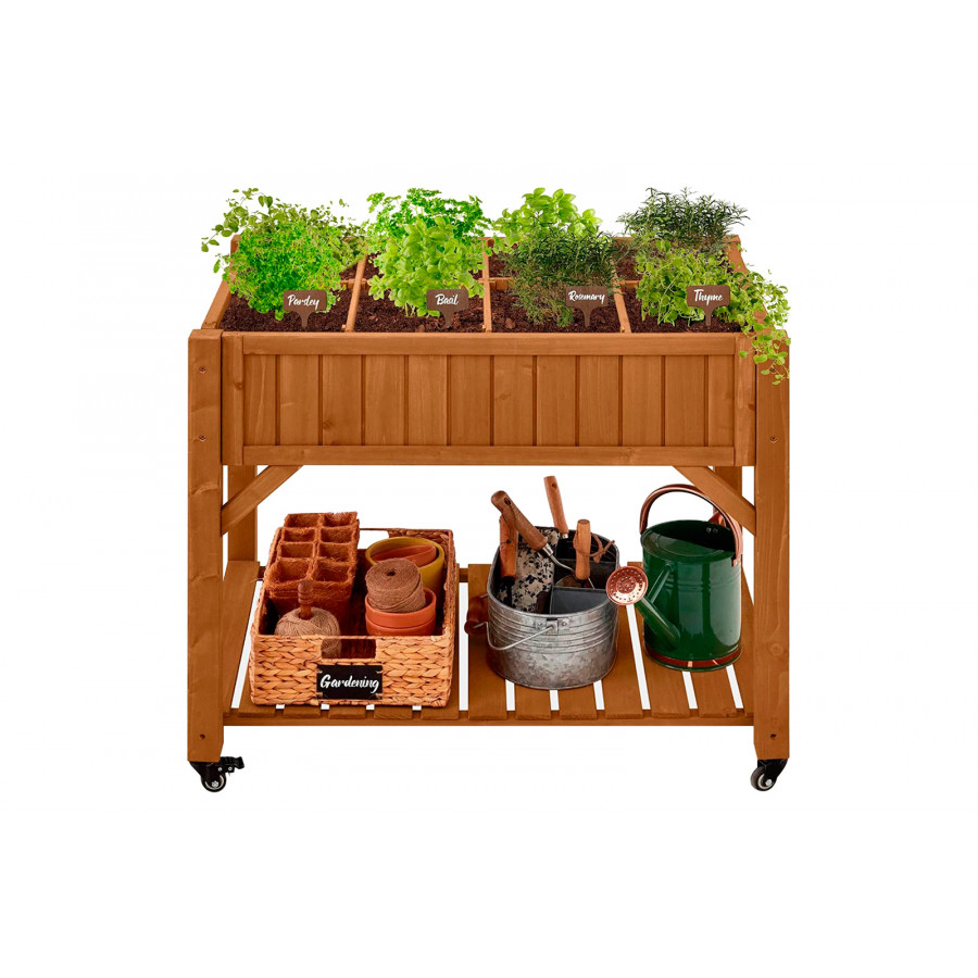FaFurn - Outdoor Raised Garden Bed Planter Box with Locking Wheels in Brown, Wood
