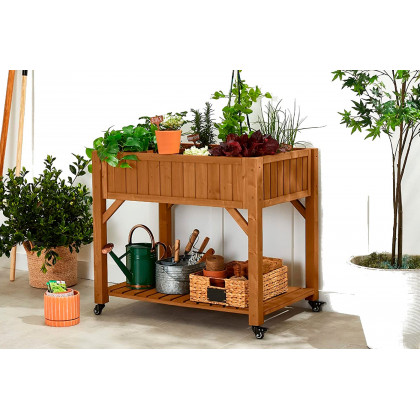 FaFurn - Outdoor Raised Garden Bed Planter Box with Locking Wheels in Brown, Wood