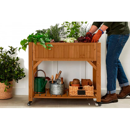 FaFurn - Outdoor Raised Garden Bed Planter Box with Locking Wheels in Brown, Wood