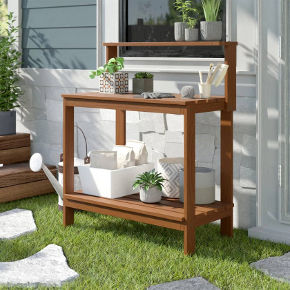 FaFurn - Outdoor Garden Potting Bench Table with Bottom Shelf in Brown, Wood
