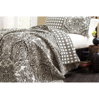 FaFurn - 3-Piece Quilt Set 100% Cotton in Black/White Damask