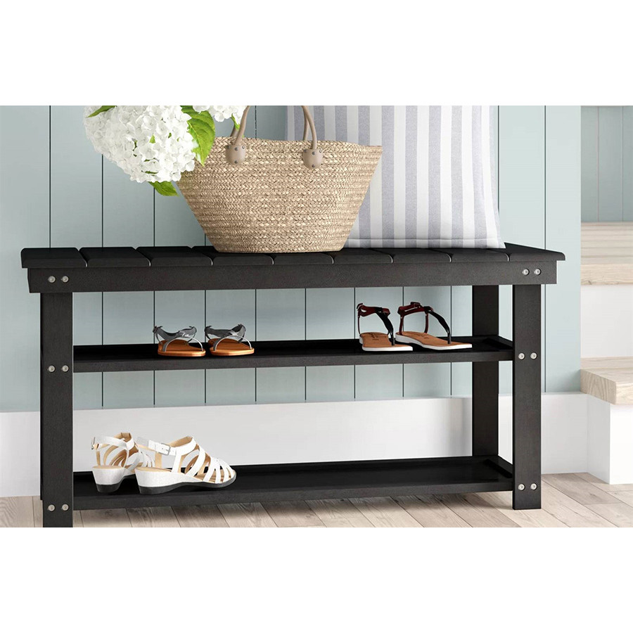 FaFurn Wooden 2-Shelf Shoe Rack Storage Bench - Black